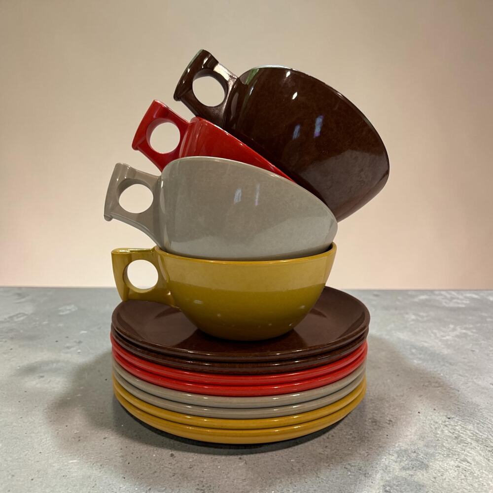 Vintage Walter Zeisel Spudling Melmac 4 Cups & 8 Saucers MCM Dinnerware Set